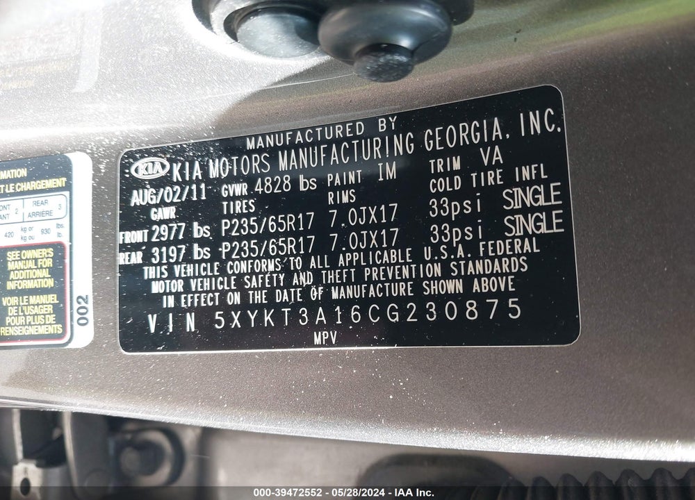 2012 KIA SORENTO LX VIN: 5XYKT3A16CG230875