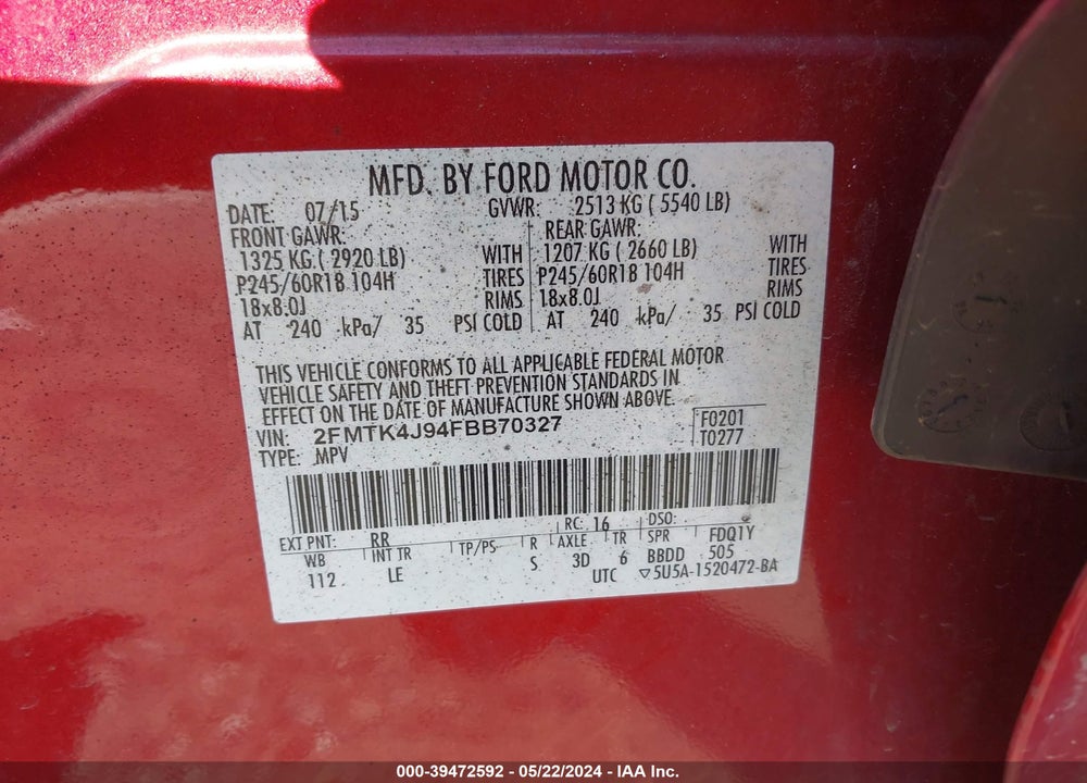 2015 FORD EDGE SEL VIN: 2FMTK4J94FBB70327