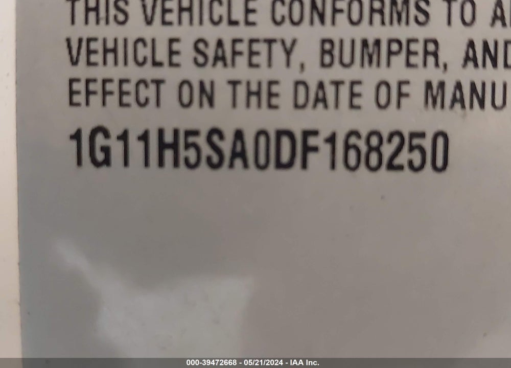 2013 CHEVROLET MALIBU 1LZ VIN: 1G11H5SA0DF168250