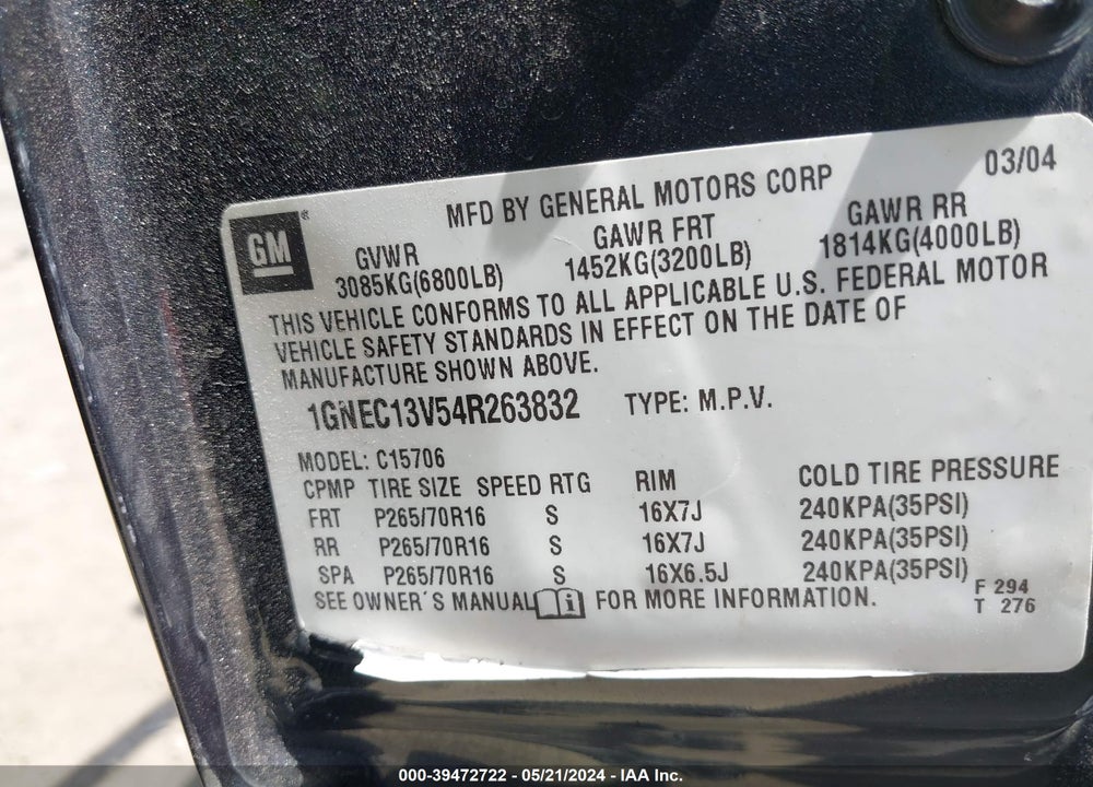 2004 CHEVROLET TAHOE LS VIN: 1GNEC13V54R263832