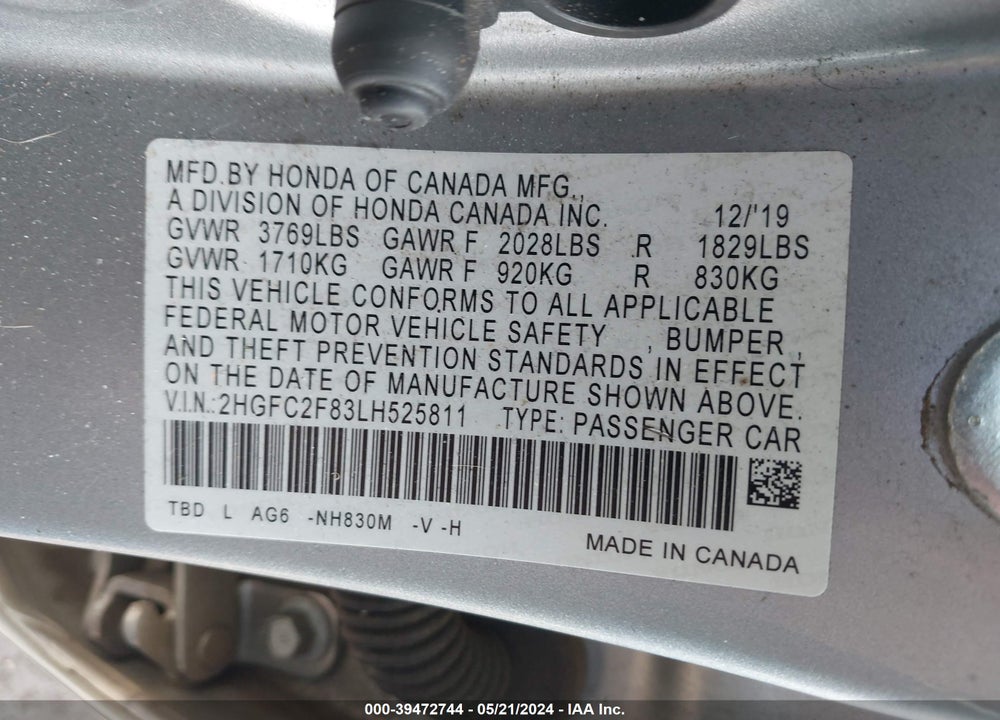 2020 HONDA CIVIC VIN: 2HGFC2F83LH525811