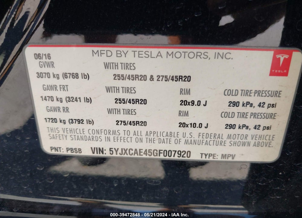 2016 TESLA MODEL X 60D/P100D/P90D VIN: 5YJXCAE45GF007920