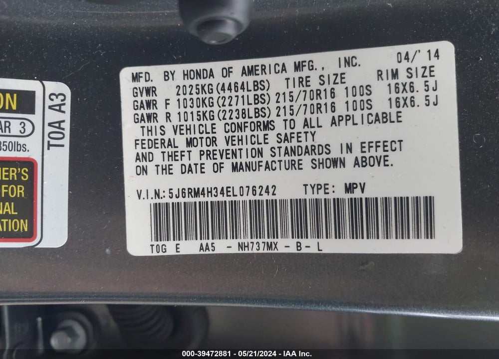 2014 HONDA CR-V LX VIN: 5J6RM4H34EL076242
