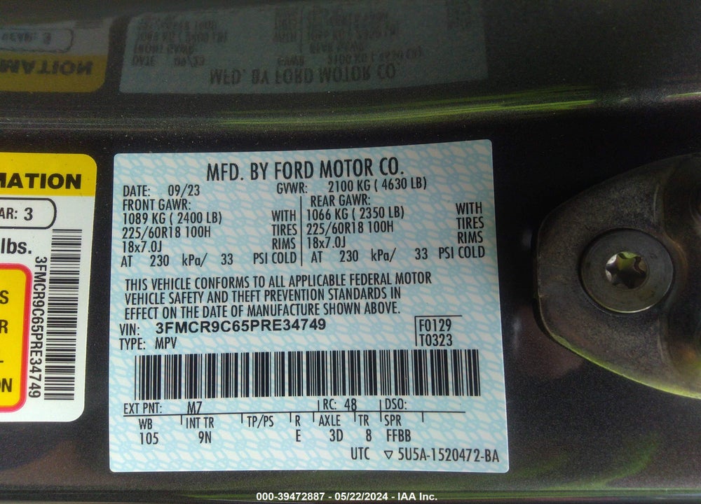 2023 FORD BRONCO SPORT OUTER BANKS VIN: 3FMCR9C65PRE34749