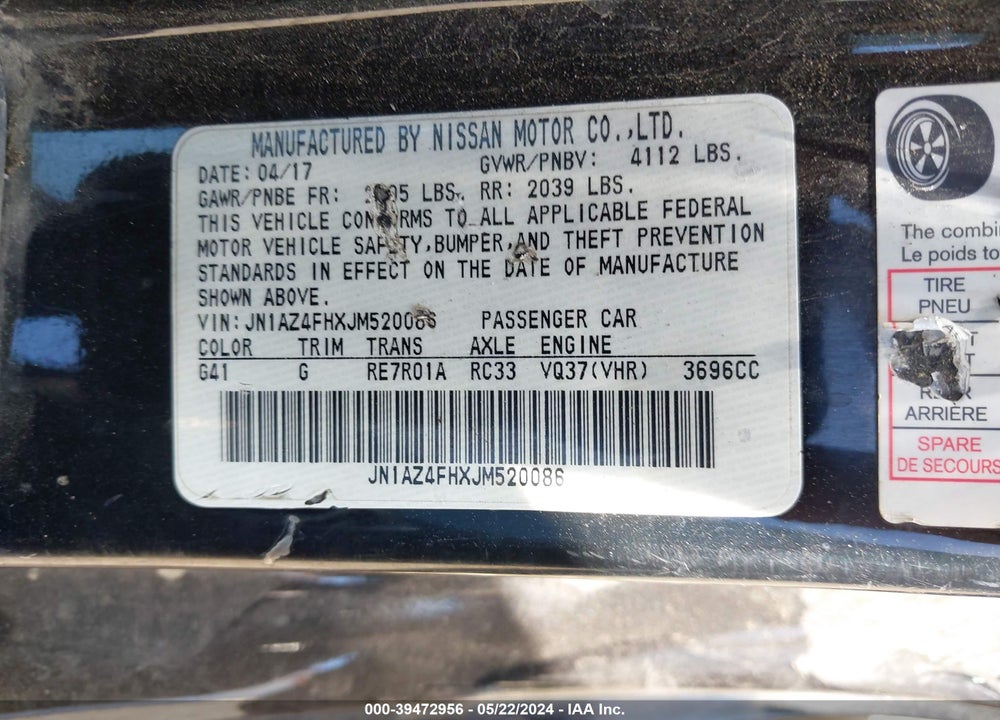 2018 NISSAN 370Z VIN: JN1AZ4FHXJM520086
