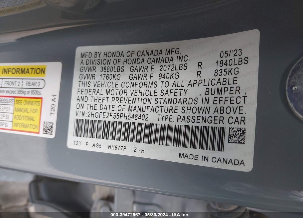 2023 HONDA CIVIC SPORT VIN: 2HGFE2F55PH548402