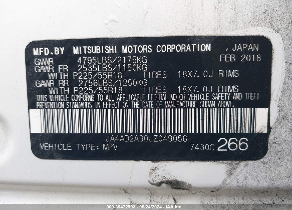 2018 MITSUBISHI OUTLANDER ES VIN: JA4AD2A30JZ049056