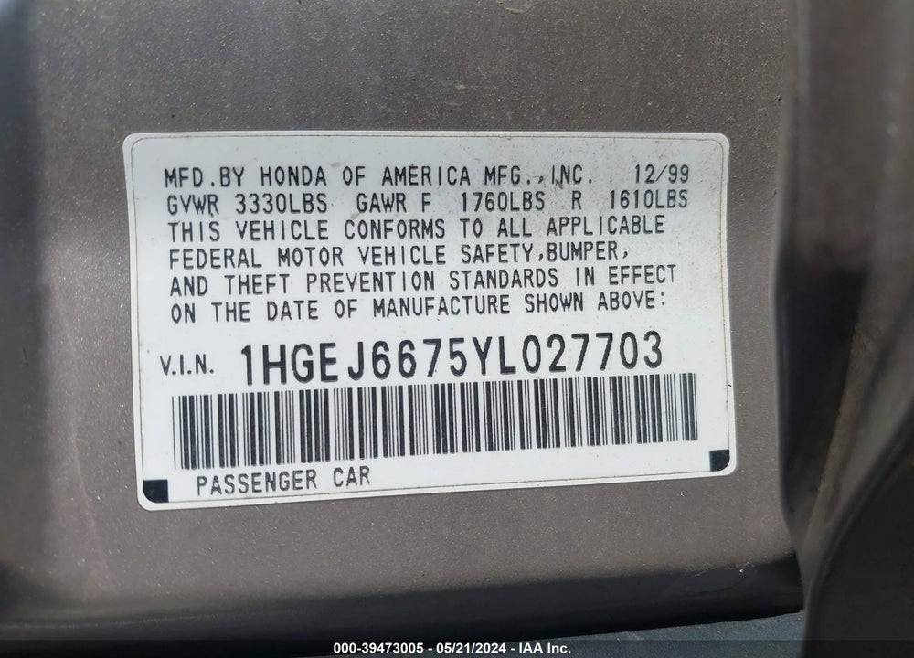 2000 HONDA CIVIC LX VIN: 1HGEJ6675YL027703