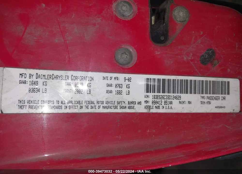2003 DODGE NEON SE VIN: 1B3ES26C33D124629