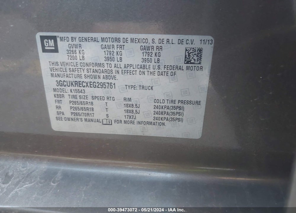 2014 CHEVROLET SILVERADO 1500 2LT VIN: 3GCUKRECXEG295761