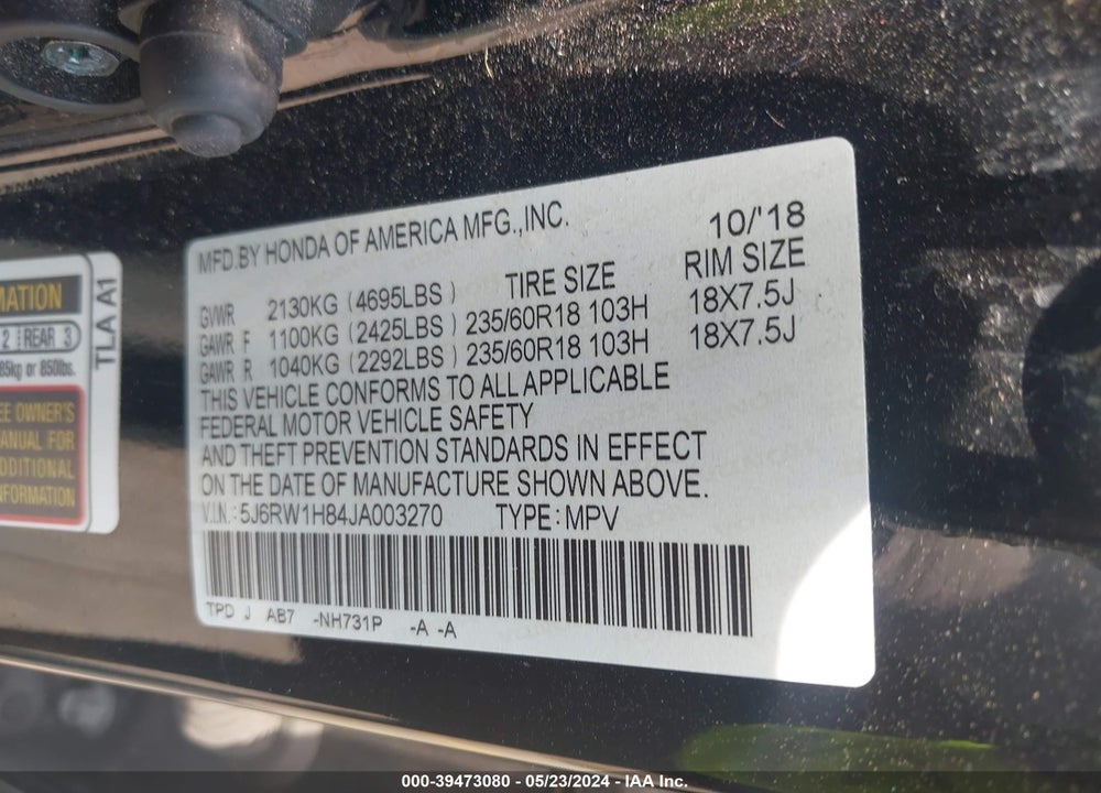 2018 HONDA CR-V EX-L/EX-L NAVI VIN: 5J6RW1H84JA003270