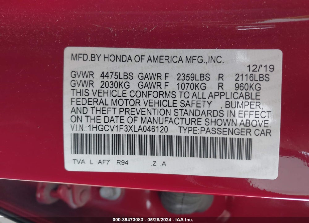 2020 HONDA ACCORD SPORT VIN: 1HGCV1F3XLA046120