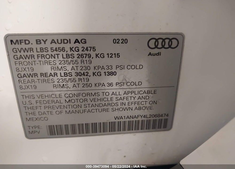 2020 AUDI Q5 PREMIUM 45 TFSI QUATTRO S TRONIC VIN: WA1ANAFY4L2068474