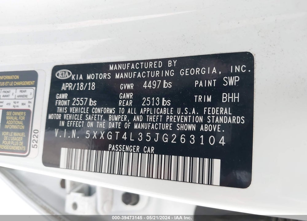 2018 KIA OPTIMA LX VIN: 5XXGT4L35JG263104