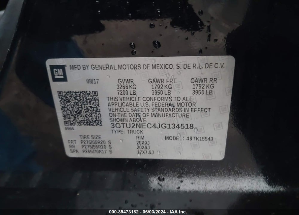 2018 GMC SIERRA 1500 SLT VIN: 3GTU2NEC4JG134518