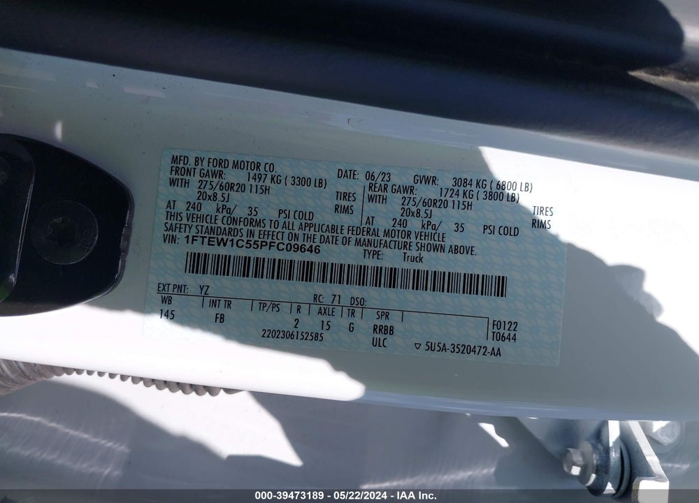 2023 FORD F-150 XLT VIN: 1FTEW1C55PFC09646