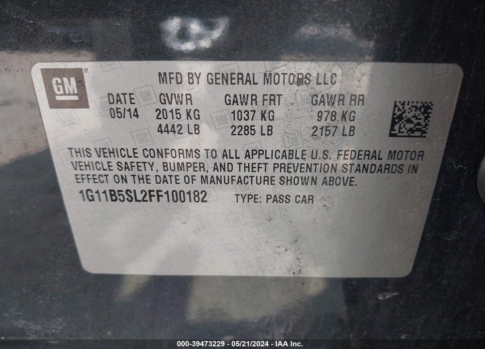 2015 CHEVROLET MALIBU LS VIN: 1G11B5SL2FF100182