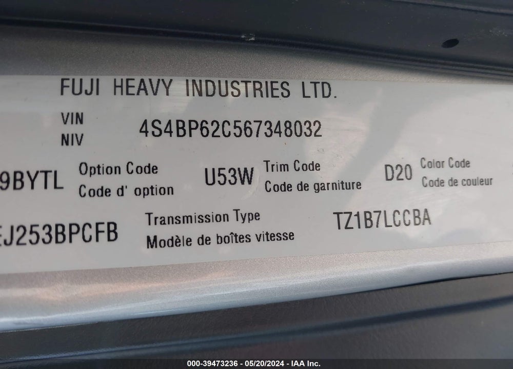 2006 SUBARU OUTBACK 2.5I LIMITED VIN: 4S4BP62C567348032