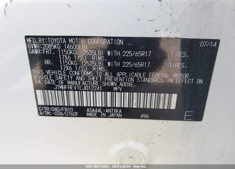 2014 TOYOTA RAV4 VIN: JTMBFREV1EJ012241
