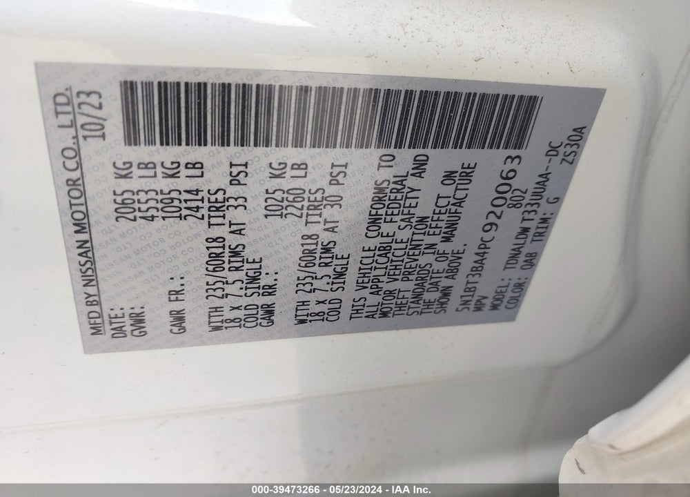 2023 NISSAN ROGUE SV FWD VIN: 5N1BT3BA4PC920063