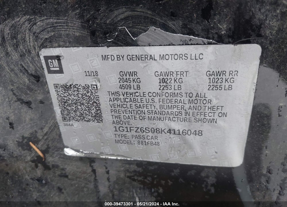 2019 CHEVROLET BOLT EV PREMIER VIN: 1G1FZ6S08K4116048