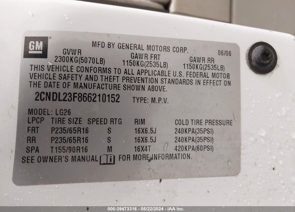 2006 CHEVROLET EQUINOX LS VIN: 2CNDL23F866210152