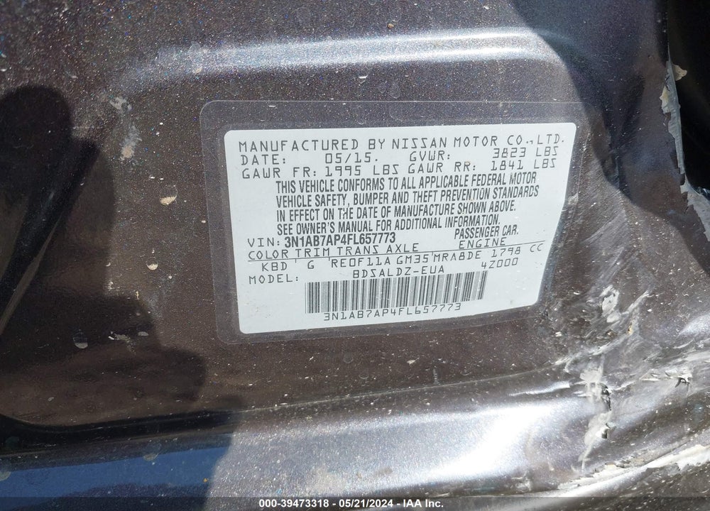 2015 NISSAN SENTRA SV VIN: 3N1AB7AP4FL657773