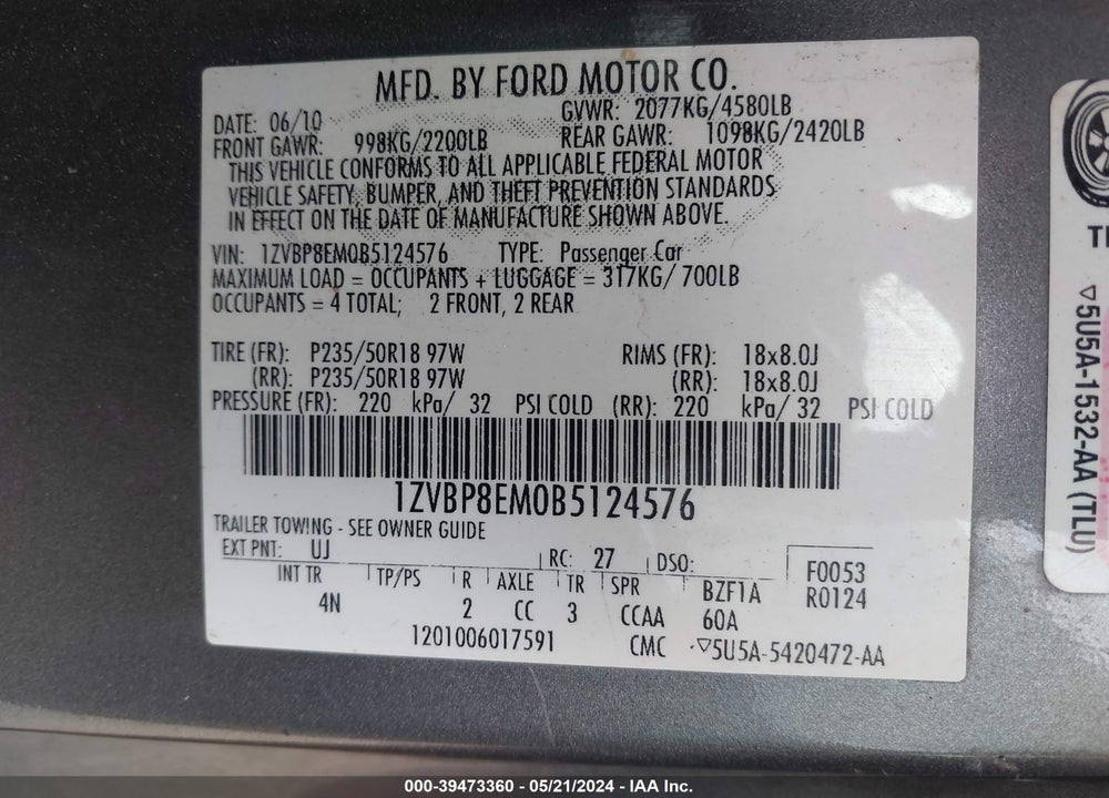 2011 FORD MUSTANG V6 PREMIUM VIN: 1ZVBP8EM0B5124576