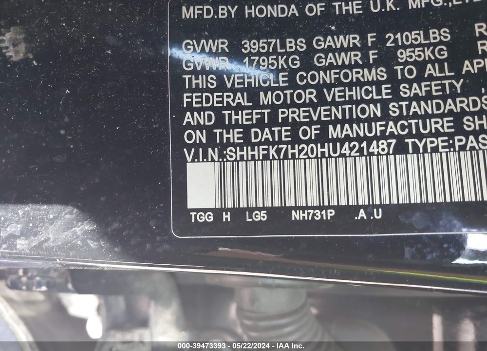 2017 HONDA CIVIC LX VIN: SHHFK7H20HU421487