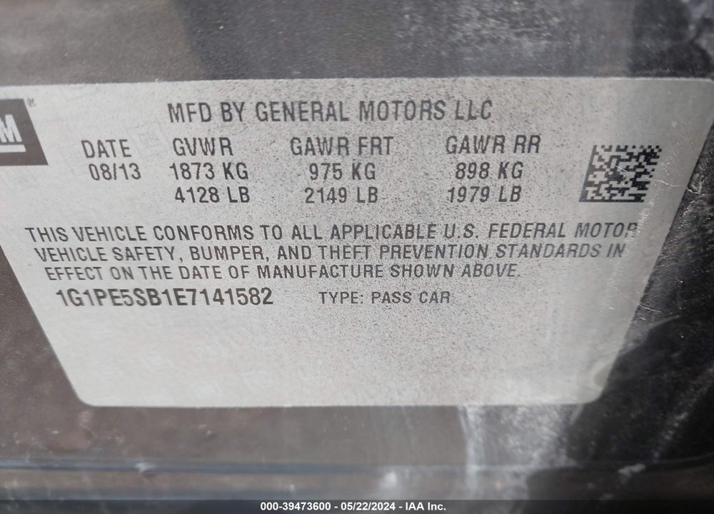 2014 CHEVROLET CRUZE 2LT AUTO VIN: 1G1PE5SB1E7141582