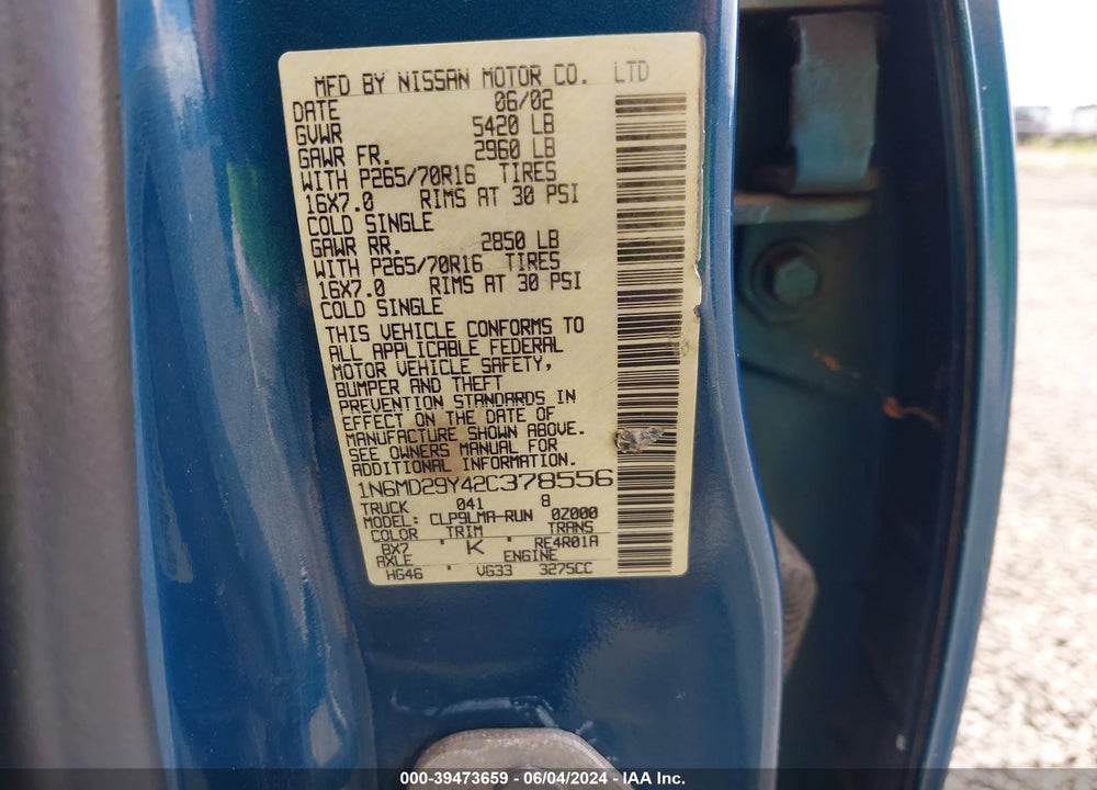 2002 NISSAN FRONTIER CREW CAB SC VIN: 1N6MD29Y42C378556