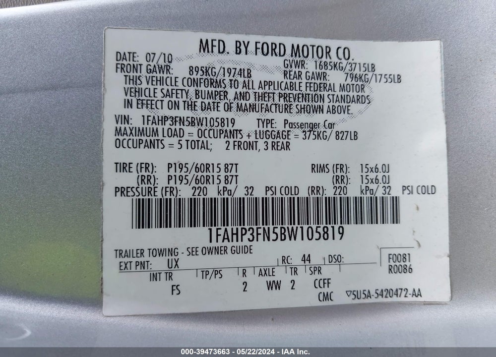 2011 FORD FOCUS SE VIN: 1FAHP3FN5BW105819