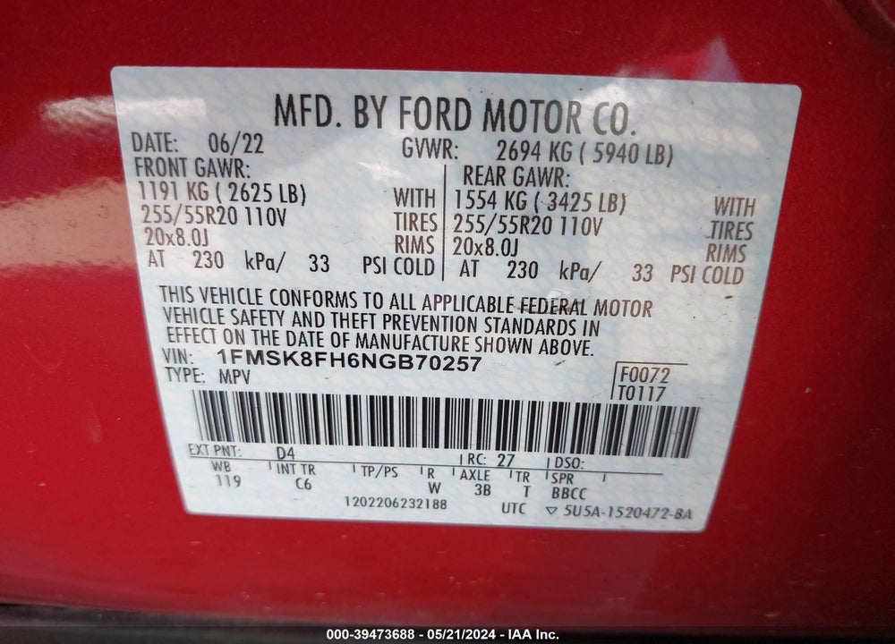 2022 FORD EXPLORER LIMITED VIN: 1FMSK8FH6NGB70257