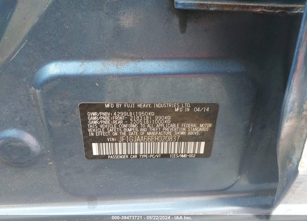 2014 SUBARU IMPREZA 2.0I VIN: JF1GJAA66EH020837