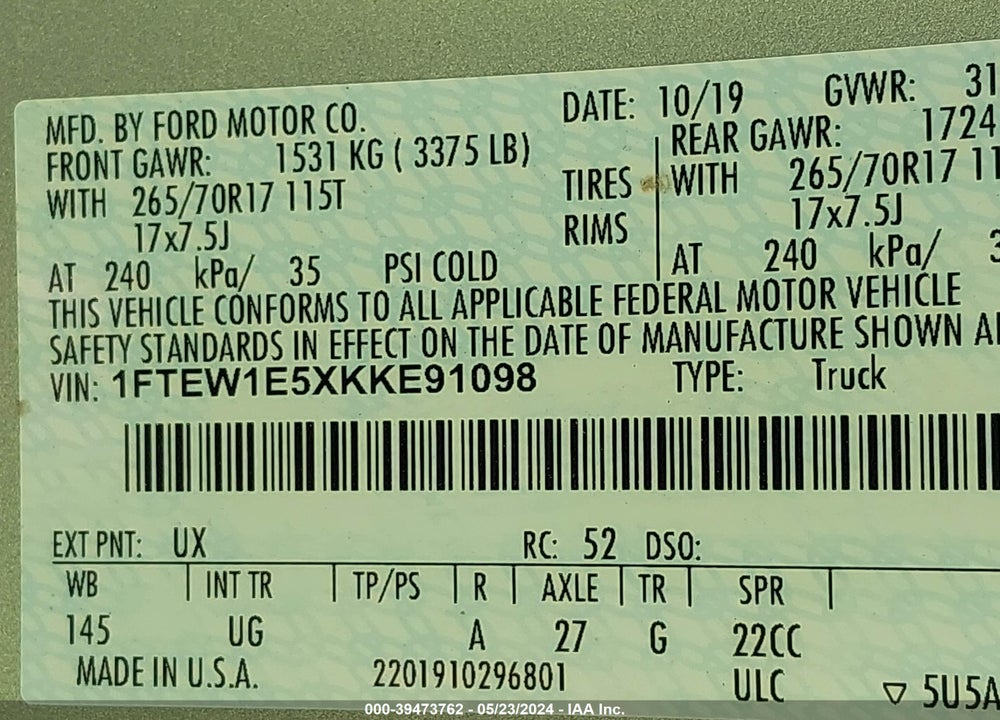 2019 FORD F-150 XLT VIN: 1FTEW1E5XKKE91098