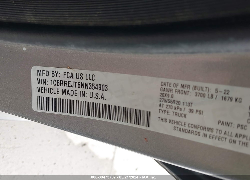 2022 RAM 1500 LAIE  4X2 5'7 BOX VIN: 1C6RREJT6NN354903