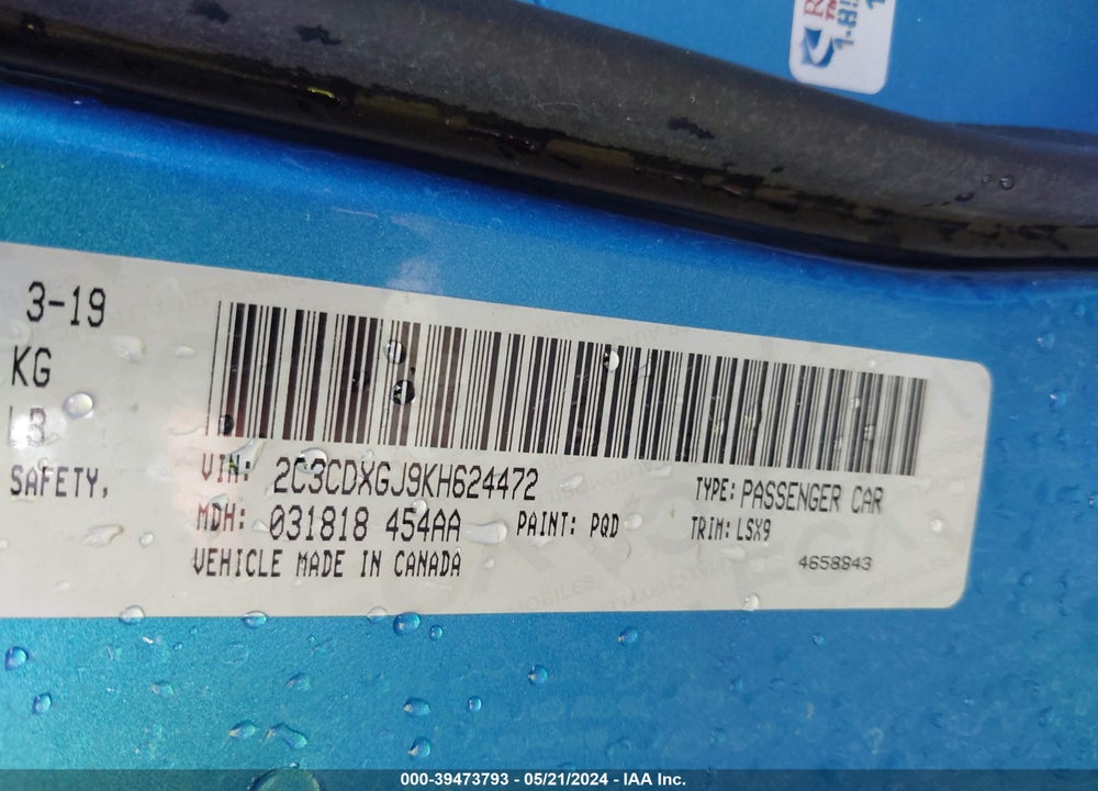 2019 DODGE CHARGER SCAT PACK VIN: 2C3CDXGJ9KH624472