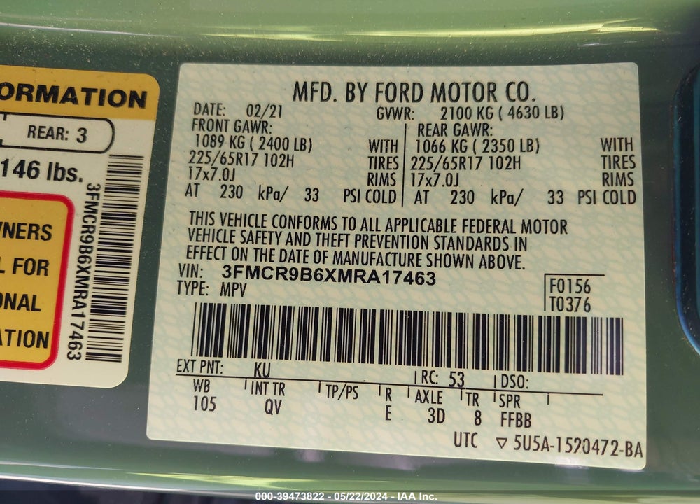 2021 FORD BRONCO SPORT BIG BEND VIN: 3FMCR9B6XMRA17463