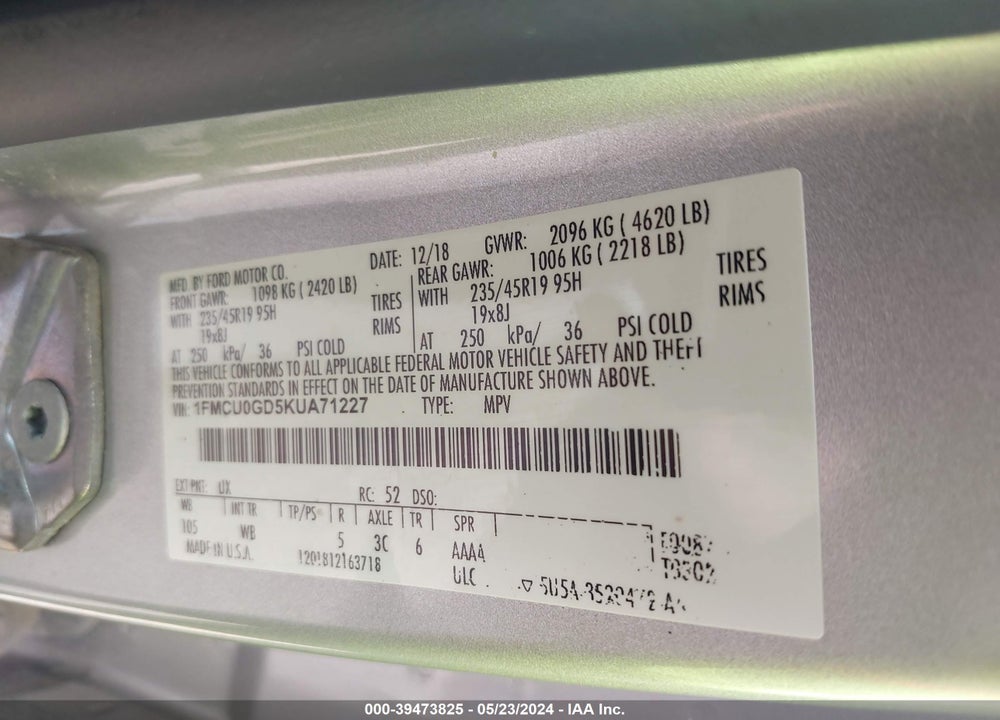 2019 FORD ESCAPE VIN: 1FMCU0GD5KUA71227