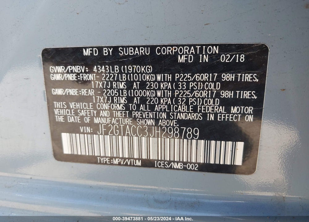 2018 SUBARU CROSSTREK 2.0I PREMIUM VIN: JF2GTACC3JH298789