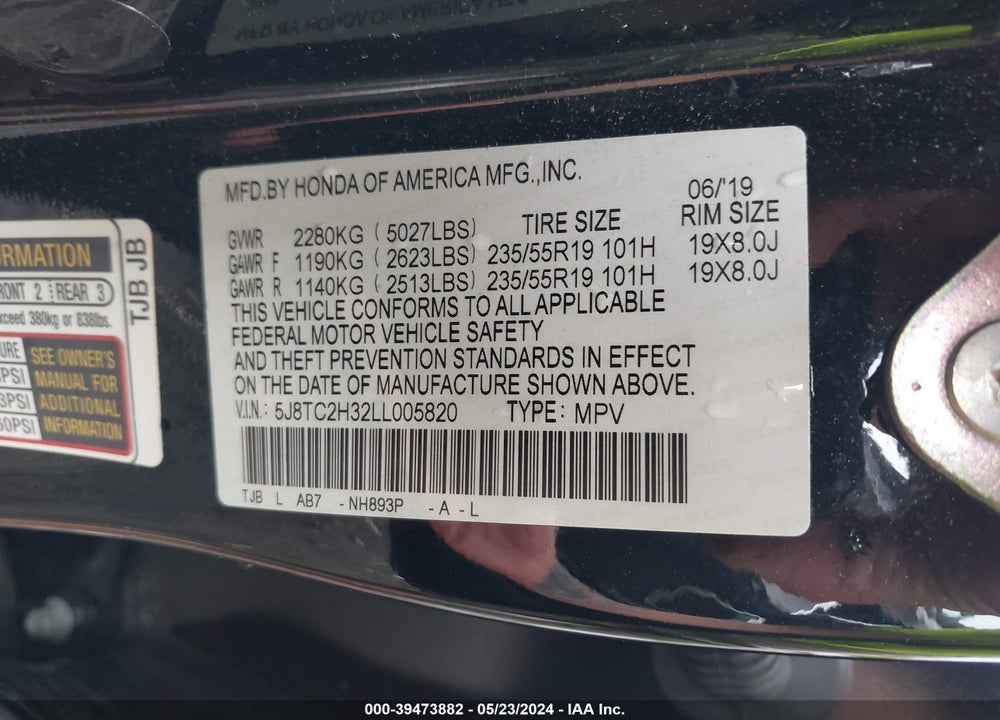 2020 ACURA RDX STANDARD VIN: 5J8TC2H32LL005820