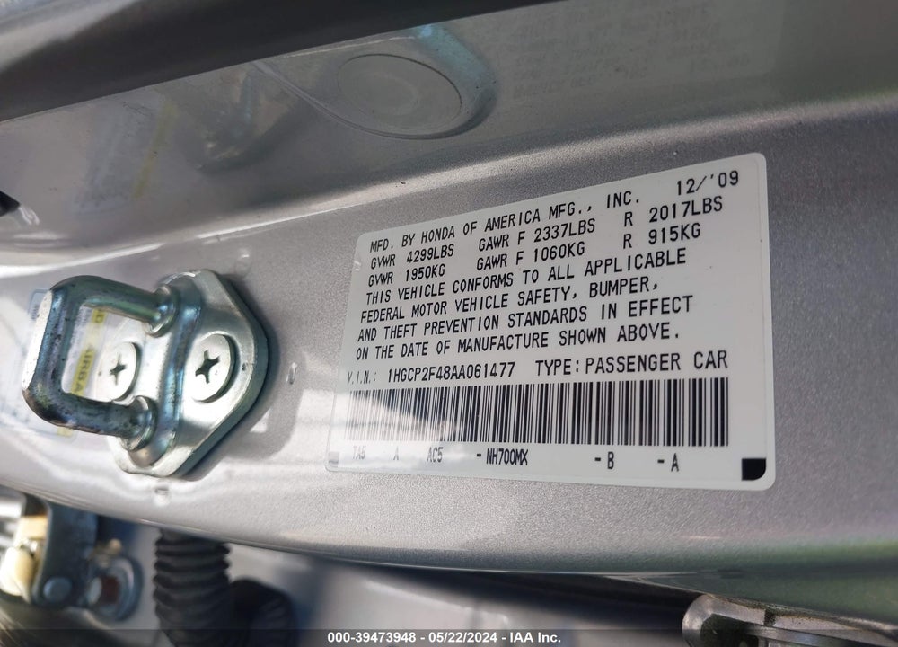 2010 HONDA ACCORD 2.4 LX-P VIN: 1HGCP2F48AA061477