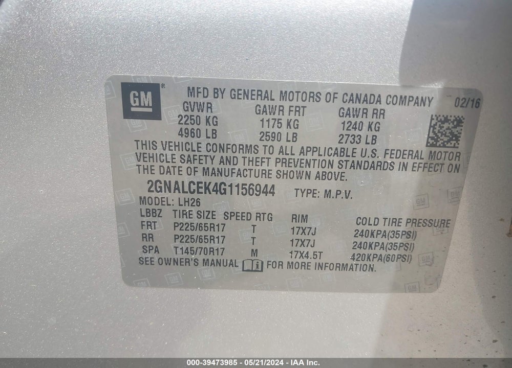 2016 CHEVROLET EQUINOX LT VIN: 2GNALCEK4G1156944