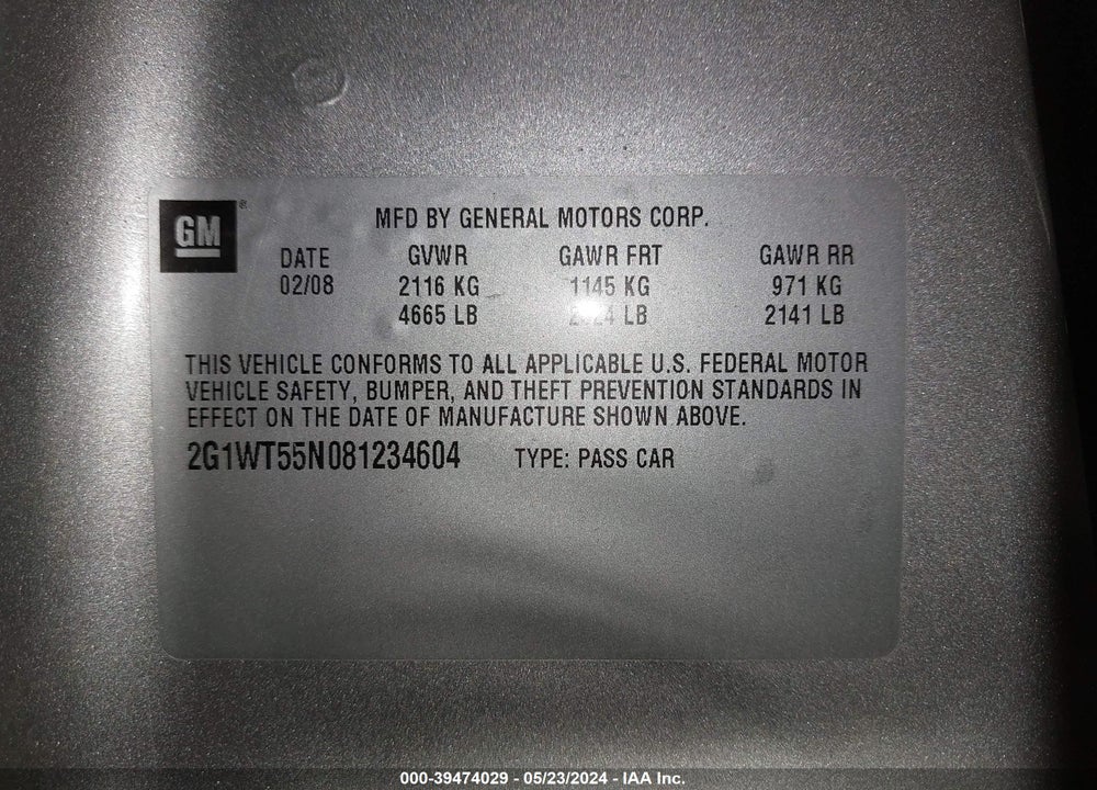 2008 CHEVROLET IMPALA LT VIN: 2G1WT55N081234604