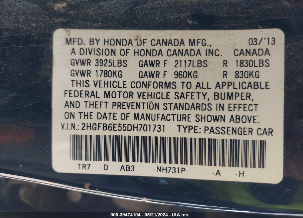2013 HONDA CIVIC SI VIN: 2HGFB6E55DH701731