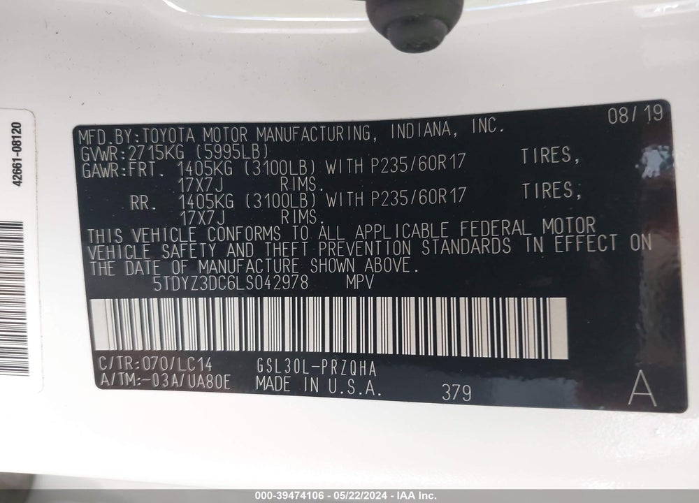 2020 TOYOTA SIENNA XLE VIN: 5TDYZ3DC6LS042978