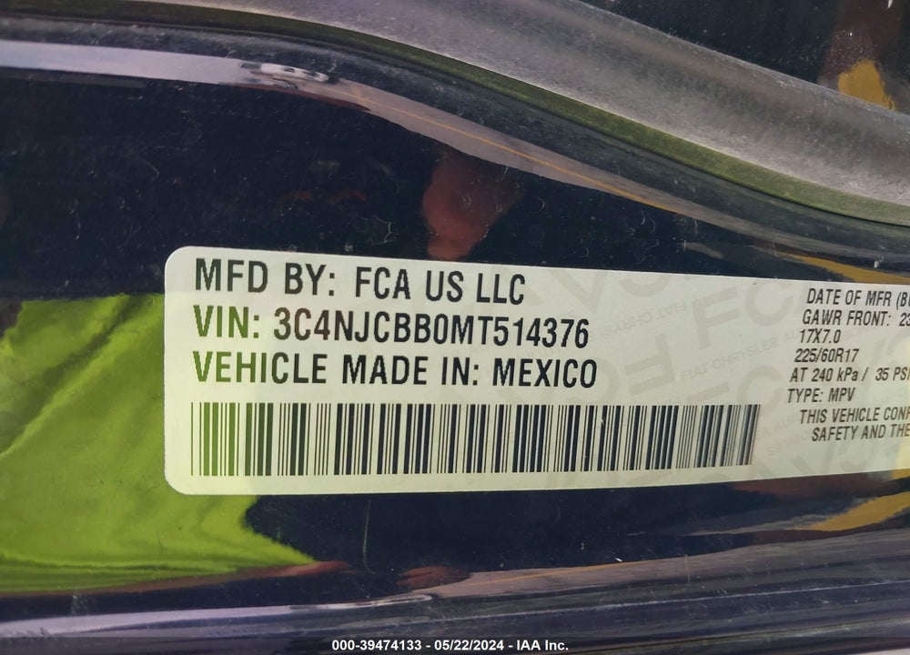 2021 JEEP COMPASS LATITUDE FWD VIN: 3C4NJCBB0MT514376