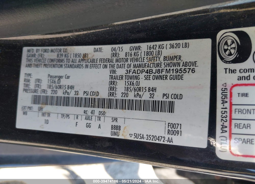 2015 FORD FIESTA SE VIN: 3FADP4BJ8FM195576