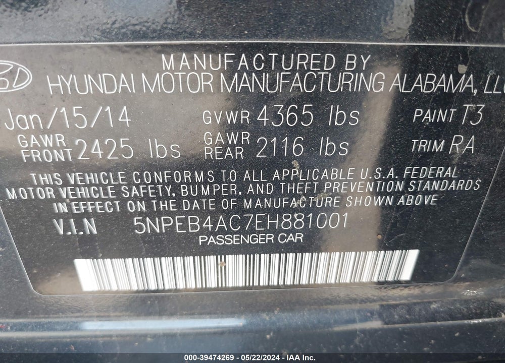 2014 HYUNDAI SONATA GLS VIN: 5NPEB4AC7EH881001