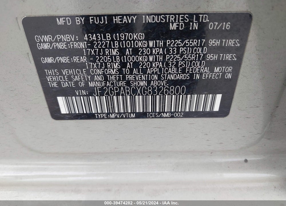 2016 SUBARU CROSSTREK 2.0I PREMIUM VIN: JF2GPABCXG8326800